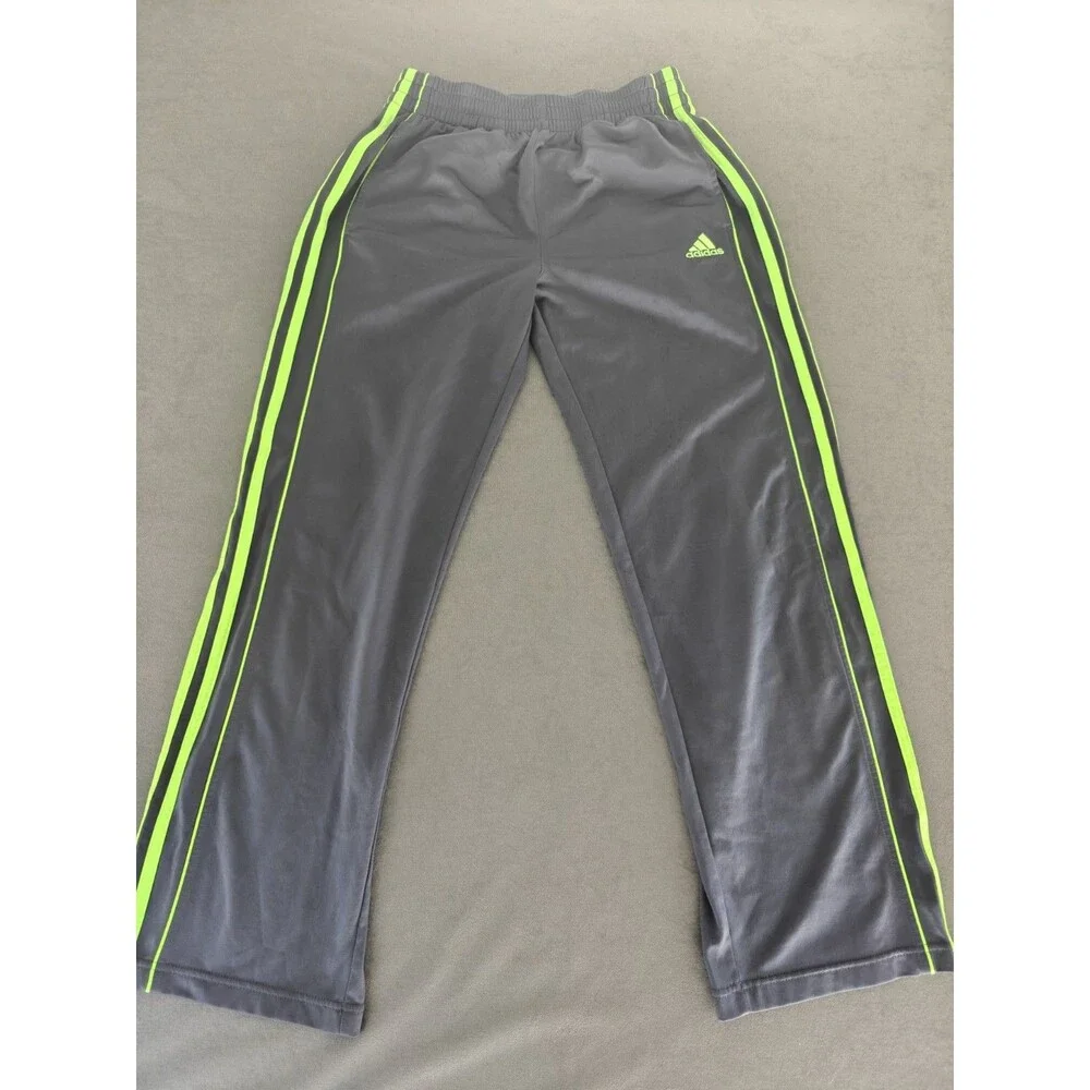 Adidas Boys L 14-16 Gray Green 3 Stripe Track Pants Athletic Joggers